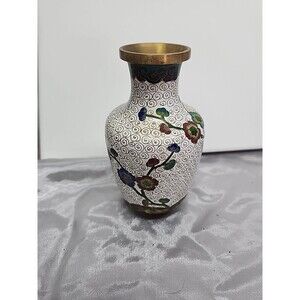 Chinese Vintage Mini Cloisonne Vase Brass Copper Enamel Floral Vase 5.25" Tall